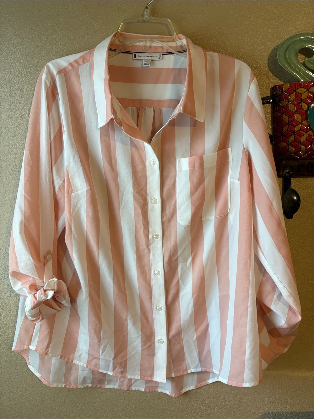 Tommy Hilfiger Pink and White Striped Button-Up Shirt
